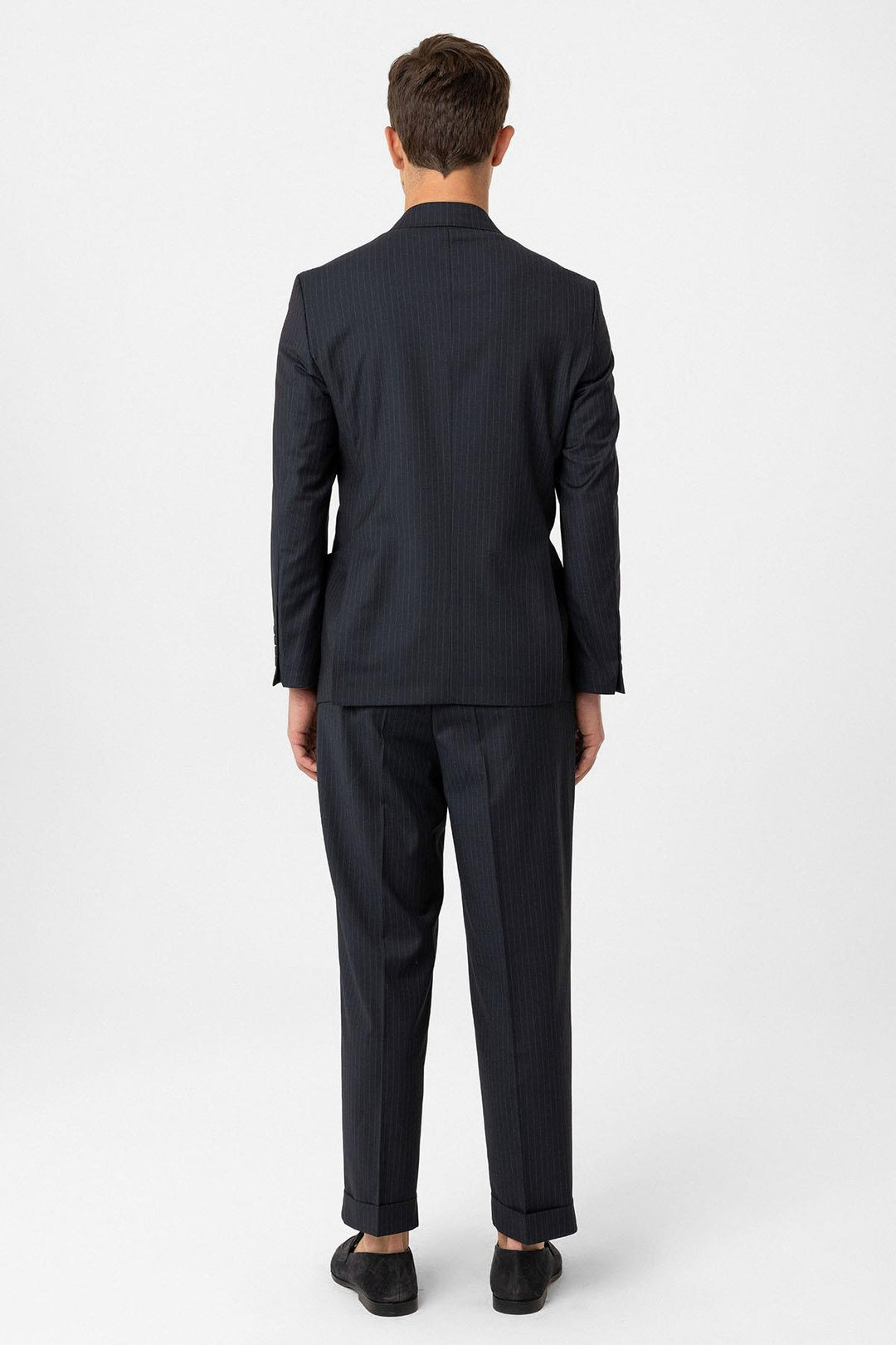 ANT Antioch Navy Blue Double Breasted Closure Italian Cut Striped Men's Technical Suit - Altoona