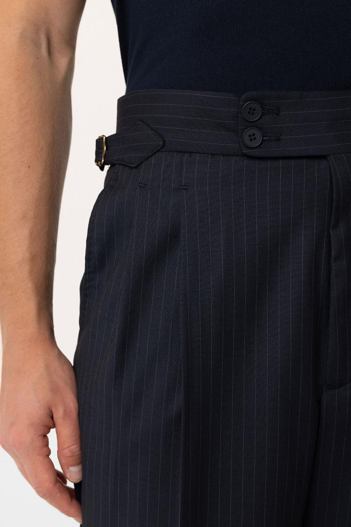 ANT Antioch Navy Blue Double Breasted Closure Italian Cut Striped Men's Technical Suit - Altoona