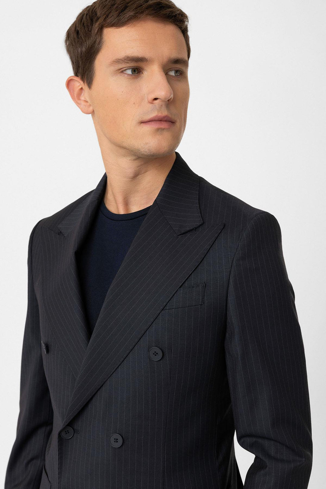ANT Antioch Navy Blue Double Breasted Closure Italian Cut Striped Men's Technical Suit - Altoona
