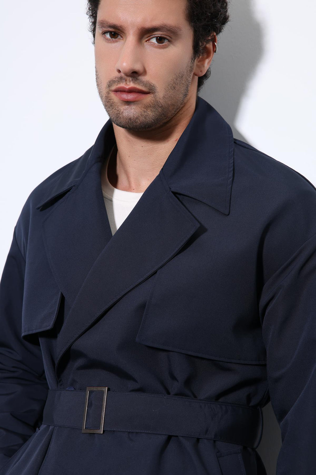 ANT Antioch Navy Blue Double Breasted Belted Trench Coat - Rome