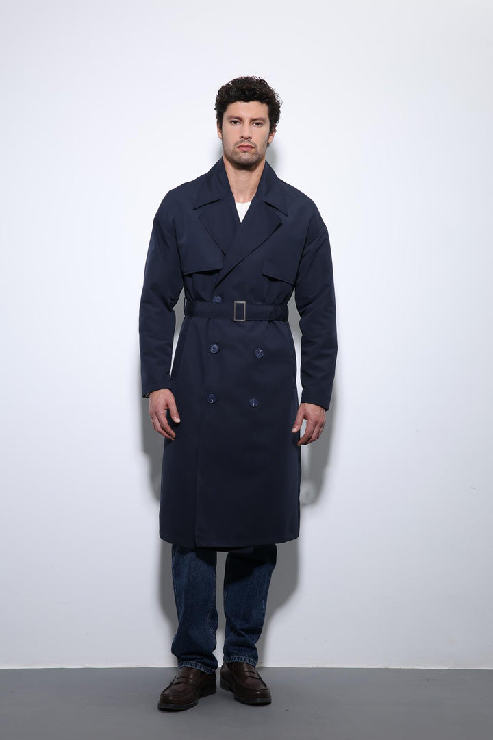 ANT Antioch Navy Blue Double Breasted Belted Trench Coat - Rome