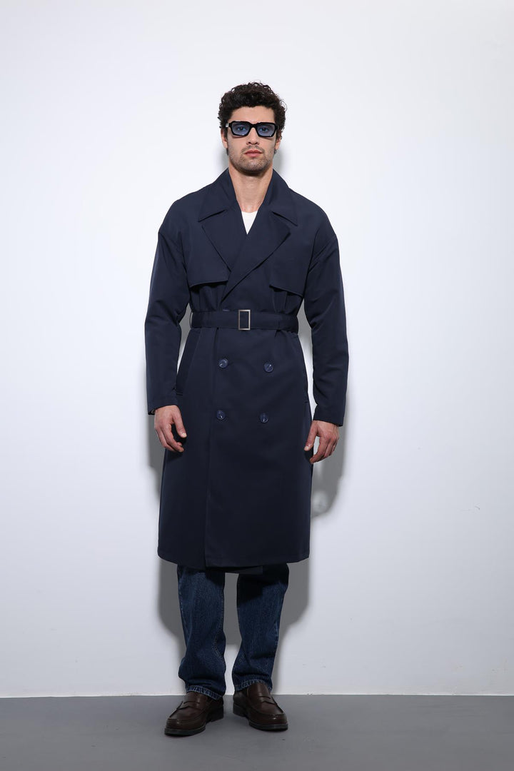 ANT Antioch Navy Blue Double Breasted Belted Trench Coat - Rome