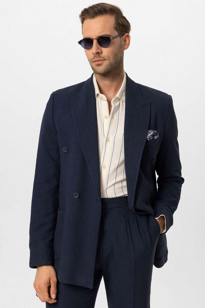 ANT Double-breasted Closure Linen Blend Men's Blazer Jacket - Kingston upon Thames