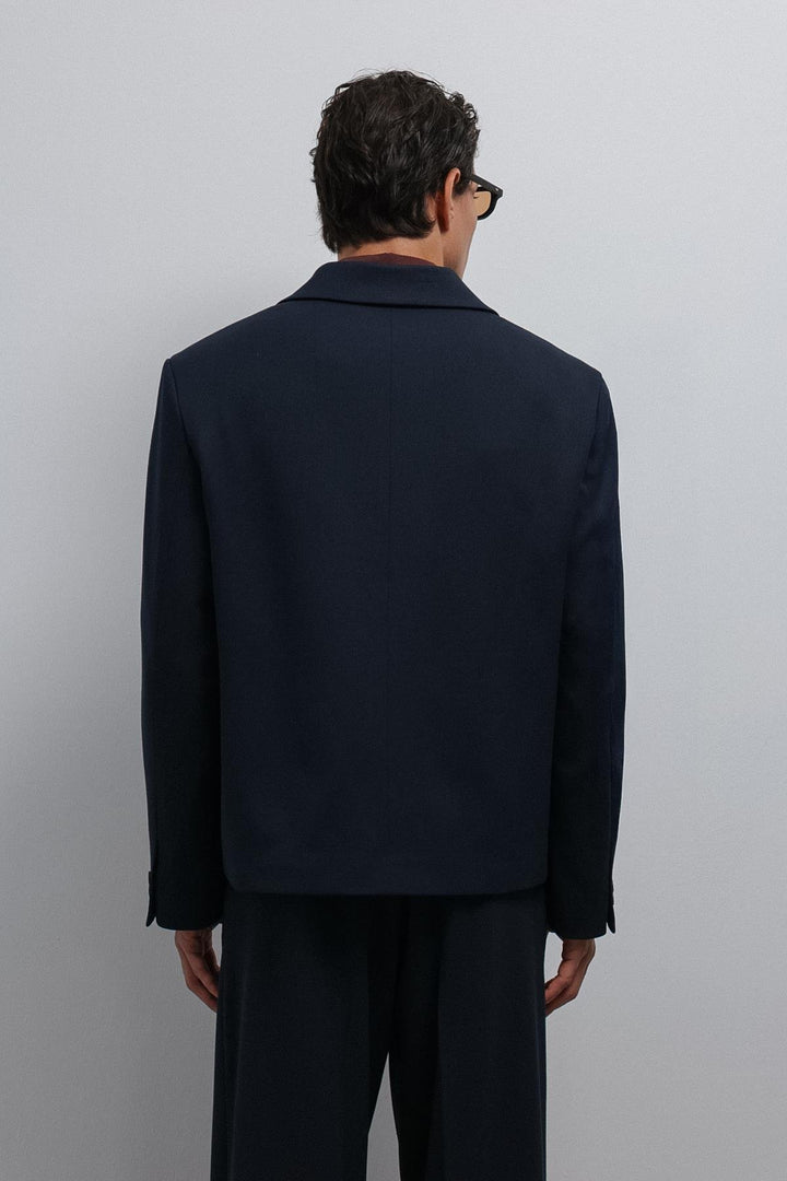 ANT Antioch Navy Blue Shawl Collar Relax Crop Fit Blazer Jacket - Béziers