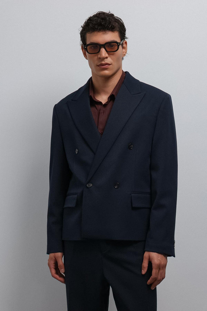 ANT Antioch Navy Blue Shawl Collar Relax Crop Fit Blazer Jacket - Béziers