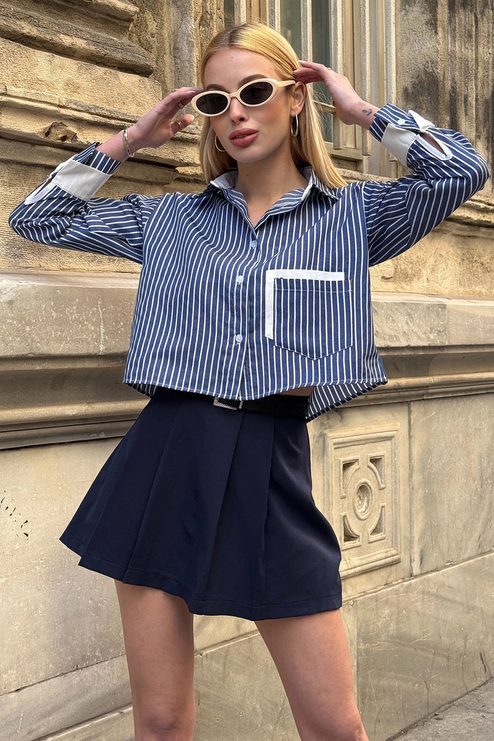 Navy Blue Striped Oversize Crop Woven Shirt with Garnished Cuffs and Pockets BC231036 - Saint-Hyacinthe