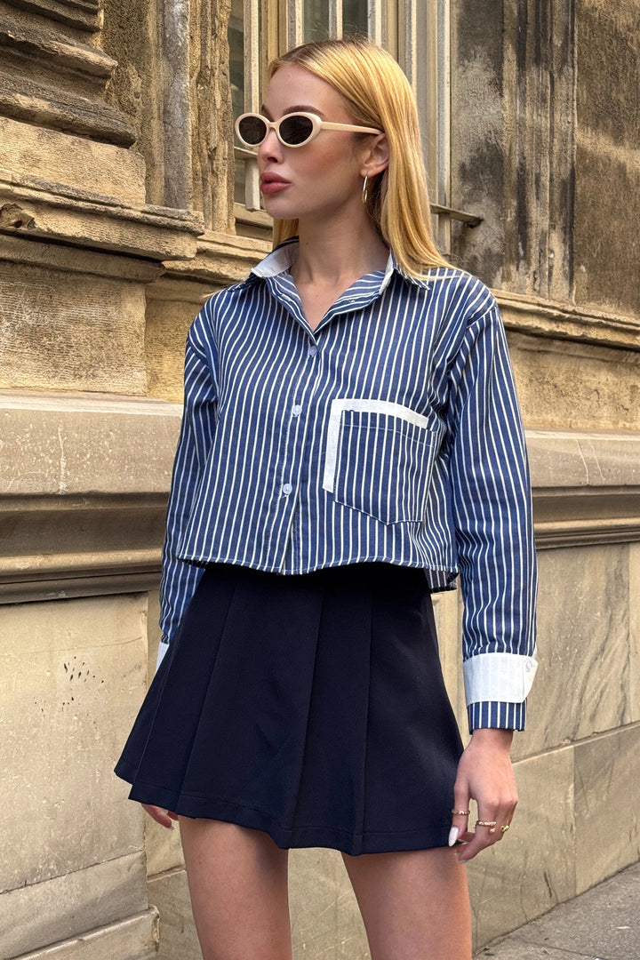 Navy Blue Striped Oversize Crop Woven Shirt with Garnished Cuffs and Pockets BC231036 - Saint-Hyacinthe