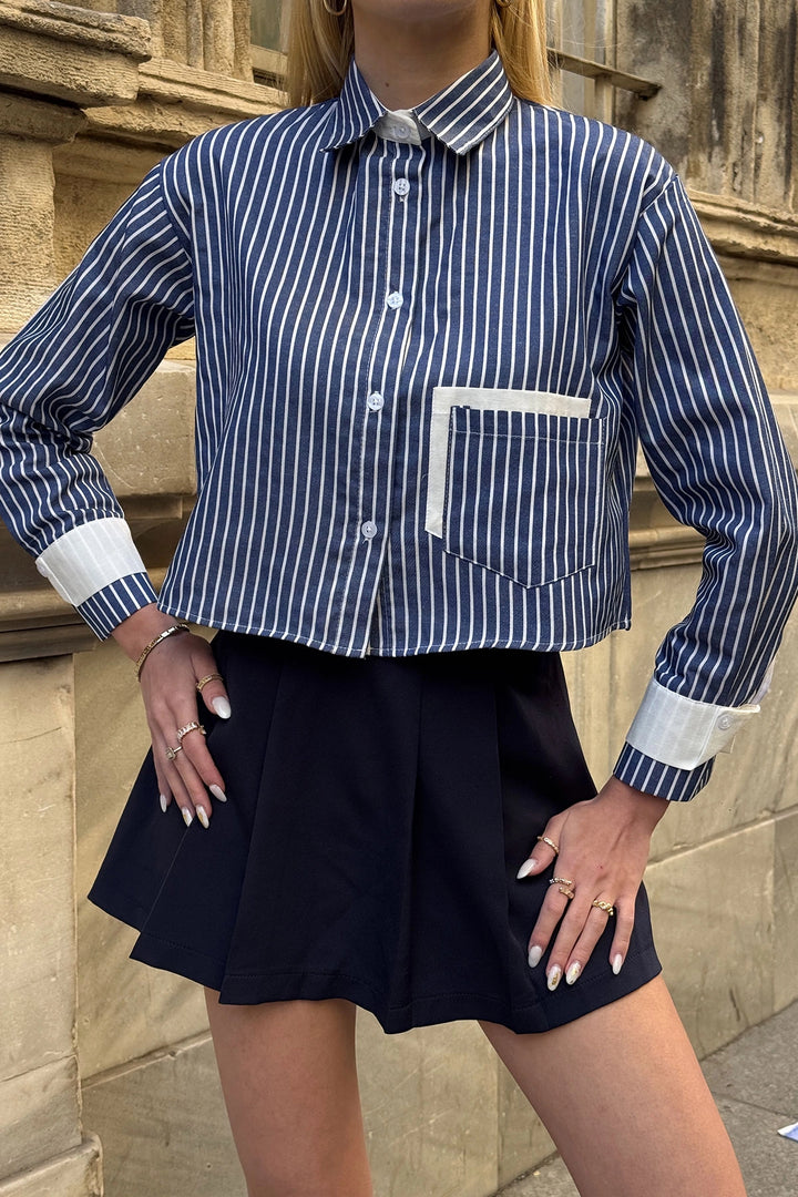 Navy Blue Striped Oversize Crop Woven Shirt with Garnished Cuffs and Pockets BC231036 - Saint-Hyacinthe