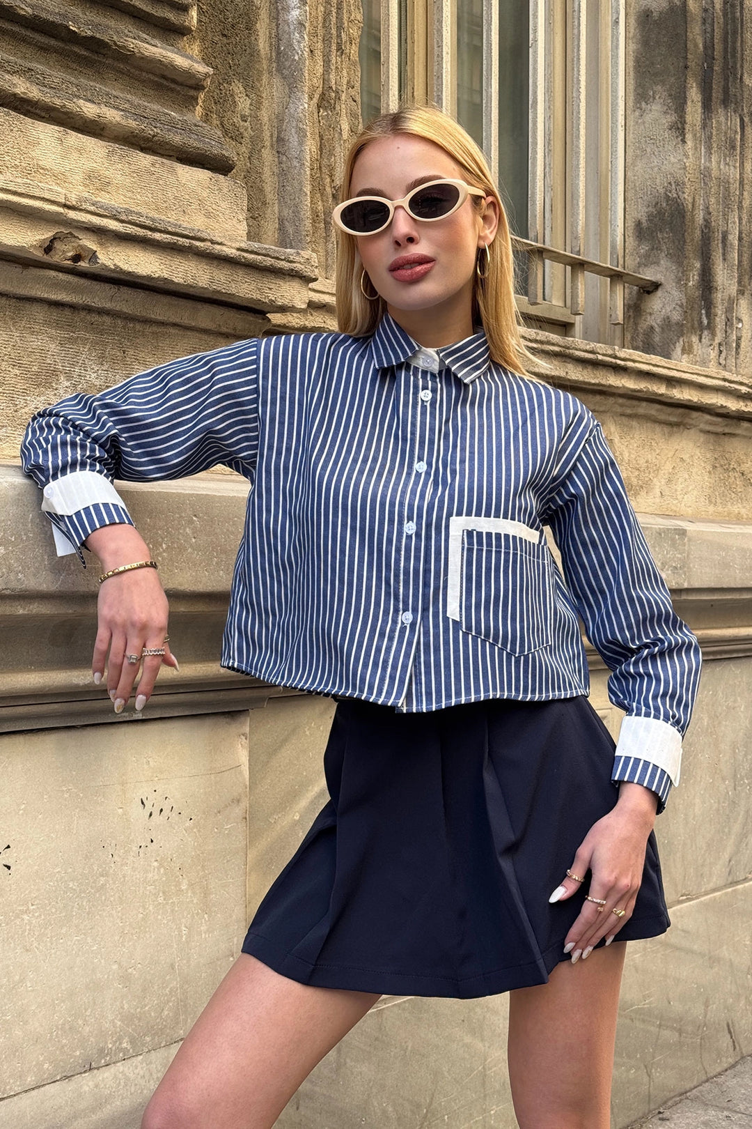Navy Blue Striped Oversize Crop Woven Shirt with Garnished Cuffs and Pockets BC231036 - Saint-Hyacinthe