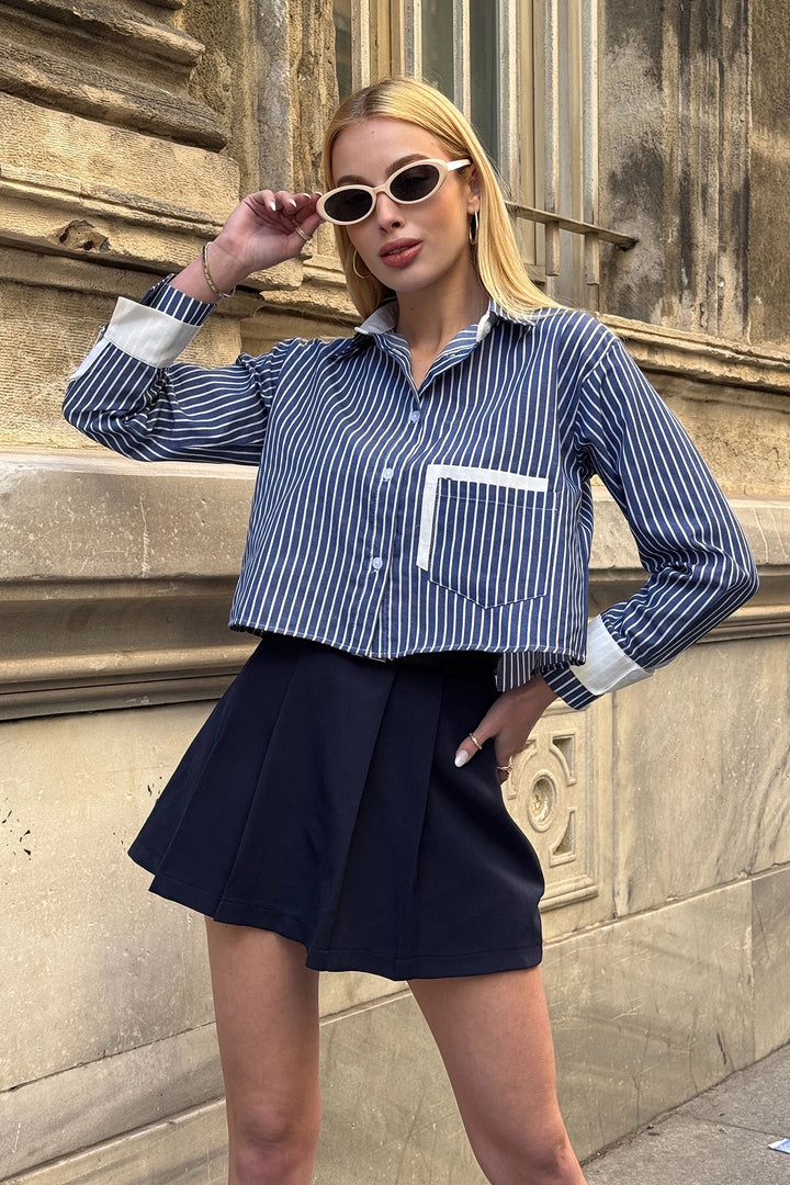 Navy Blue Striped Oversize Crop Woven Shirt with Garnished Cuffs and Pockets BC231036 - Saint-Hyacinthe