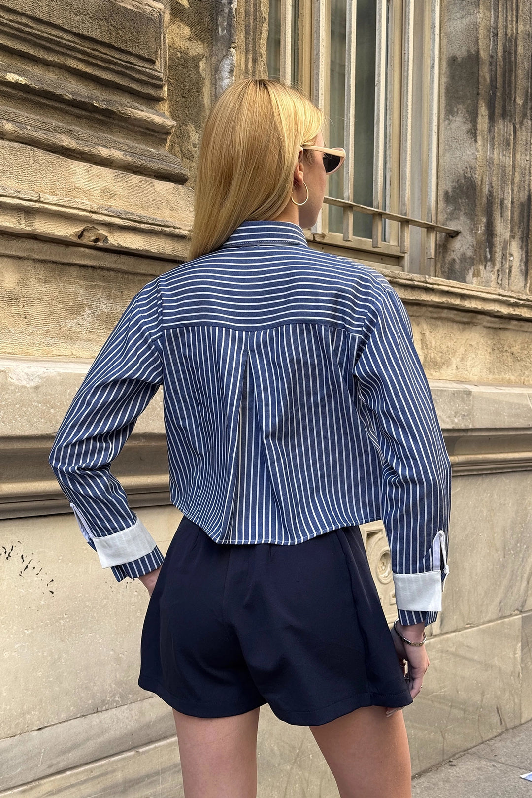 Navy Blue Striped Oversize Crop Woven Shirt with Garnished Cuffs and Pockets BC231036 - Saint-Hyacinthe