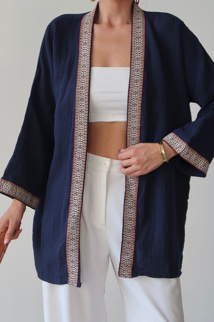 Lacivert Nakış Detaylı Keten Kimono - Mansfield