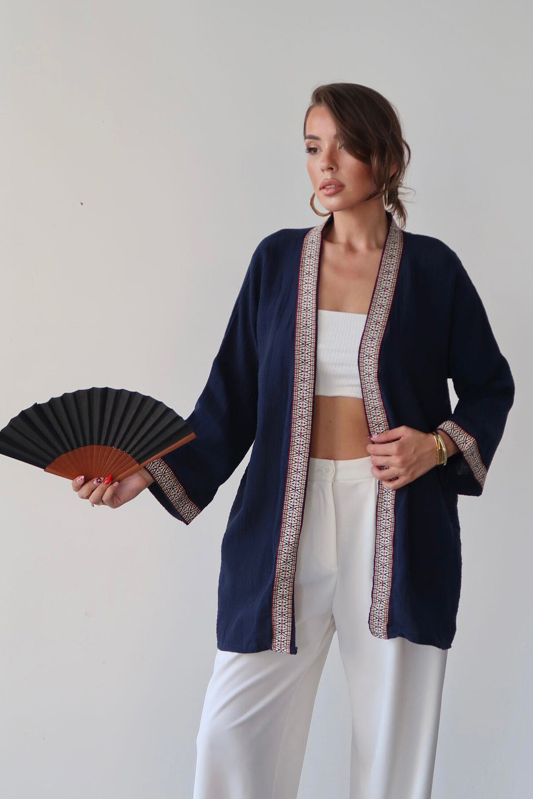 Lacivert Nakış Detaylı Keten Kimono - Mansfield