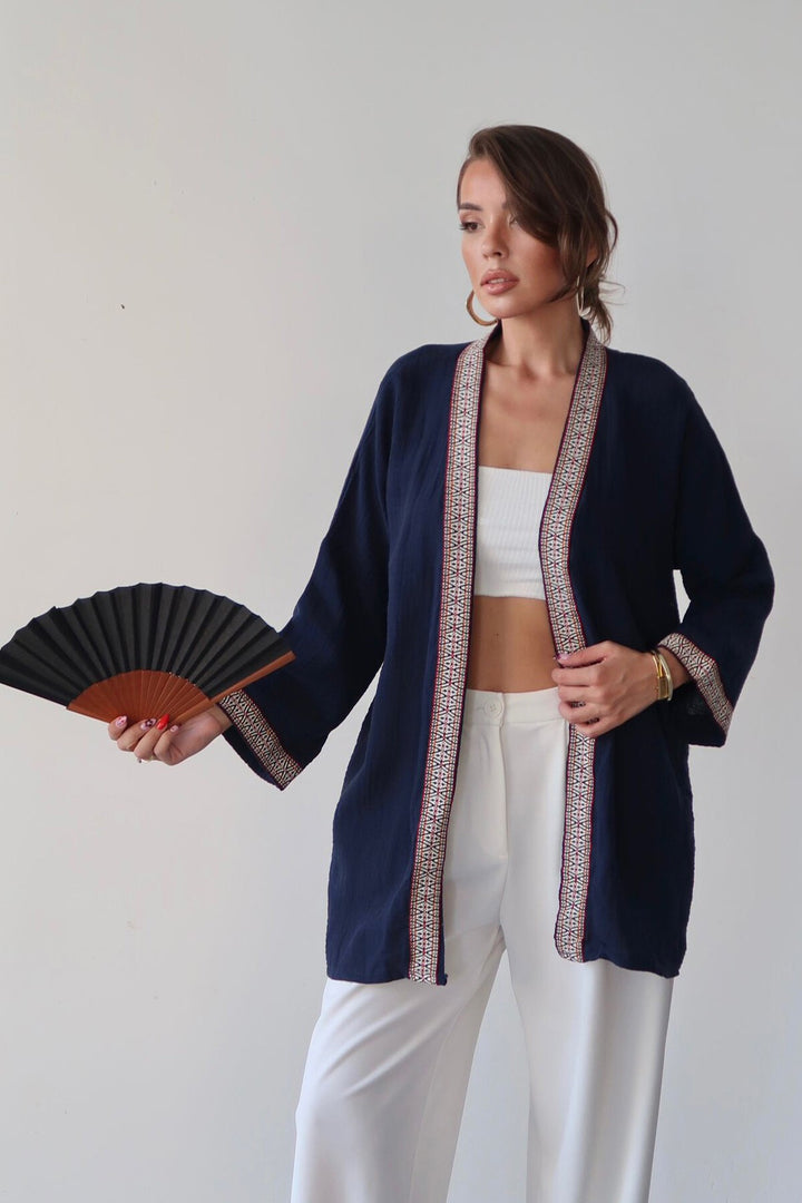 Lacivert Nakış Detaylı Keten Kimono - Mansfield
