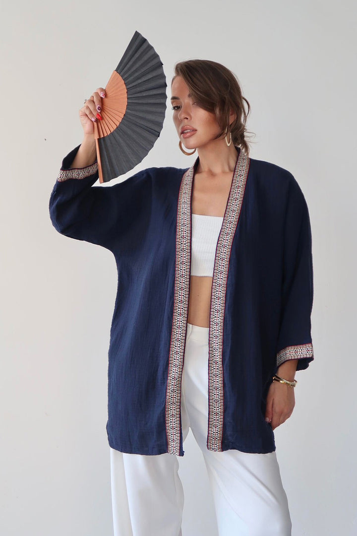 Lacivert Nakış Detaylı Keten Kimono - Mansfield