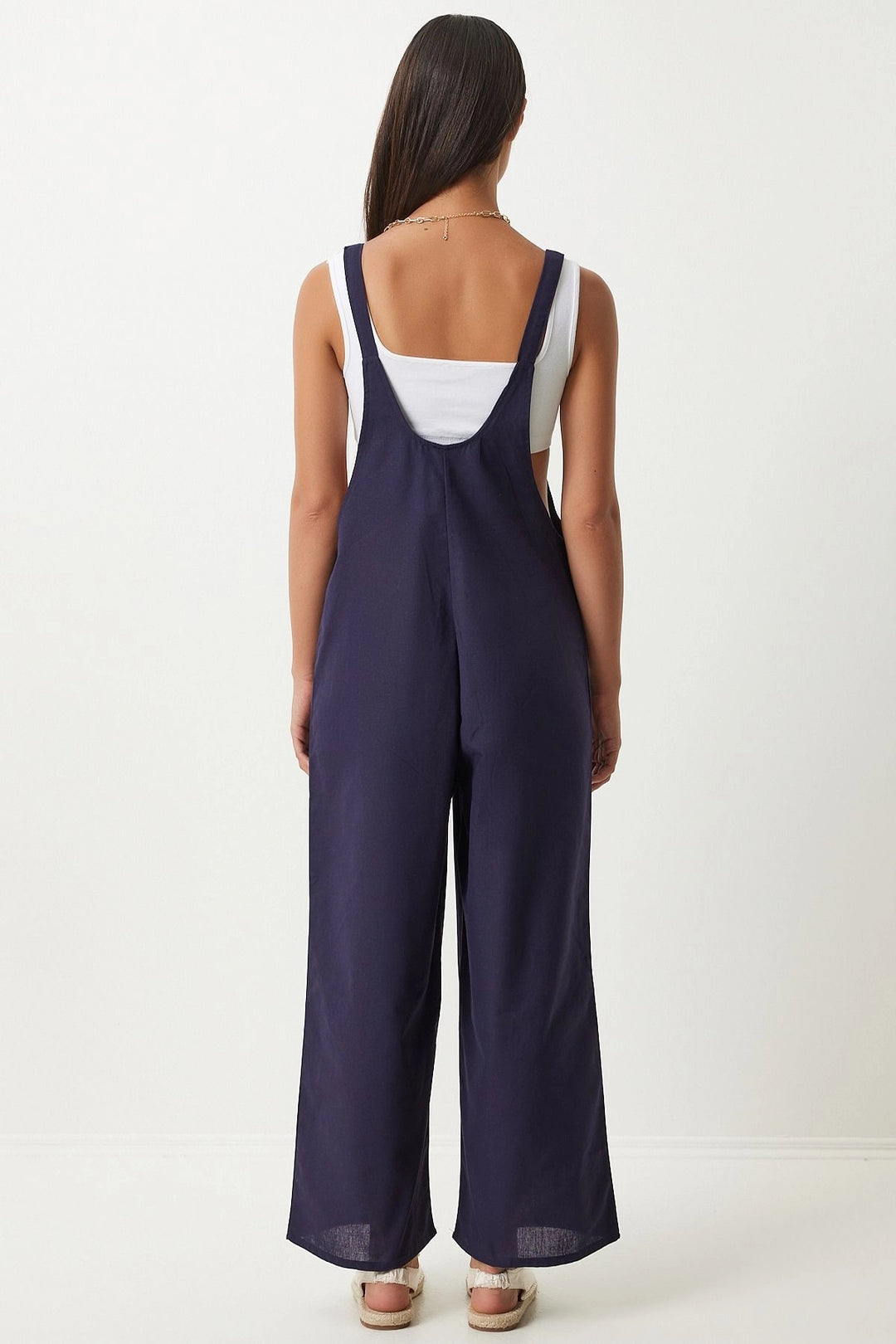 Navy Blue Front Pocketed Strapped Summer Gabardine Gardener Jumpsuit - Groningen