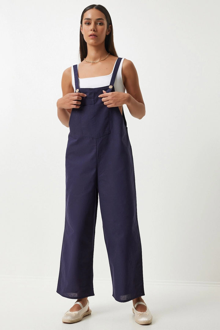 Navy Blue Front Pocketed Strapped Summer Gabardine Gardener Jumpsuit - Groningen