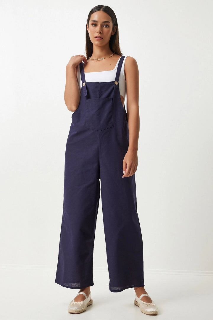 Navy Blue Front Pocketed Strapped Summer Gabardine Gardener Jumpsuit - Groningen