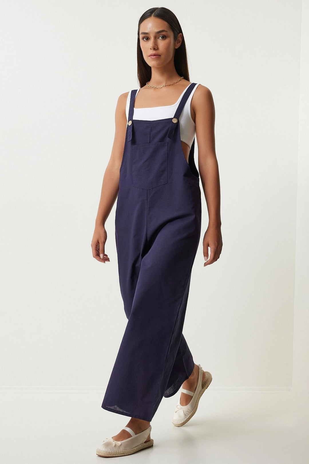 Navy Blue Front Pocketed Strapped Summer Gabardine Gardener Jumpsuit - Groningen