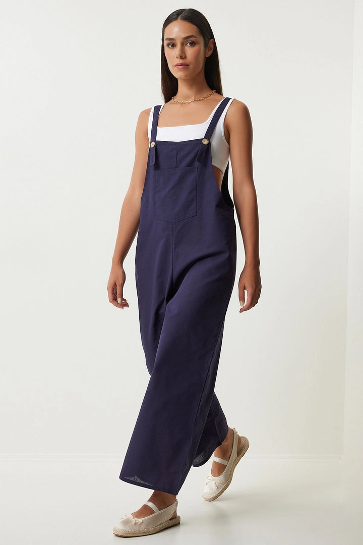 Navy Blue Front Pocketed Strapped Summer Gabardine Gardener Jumpsuit - Groningen