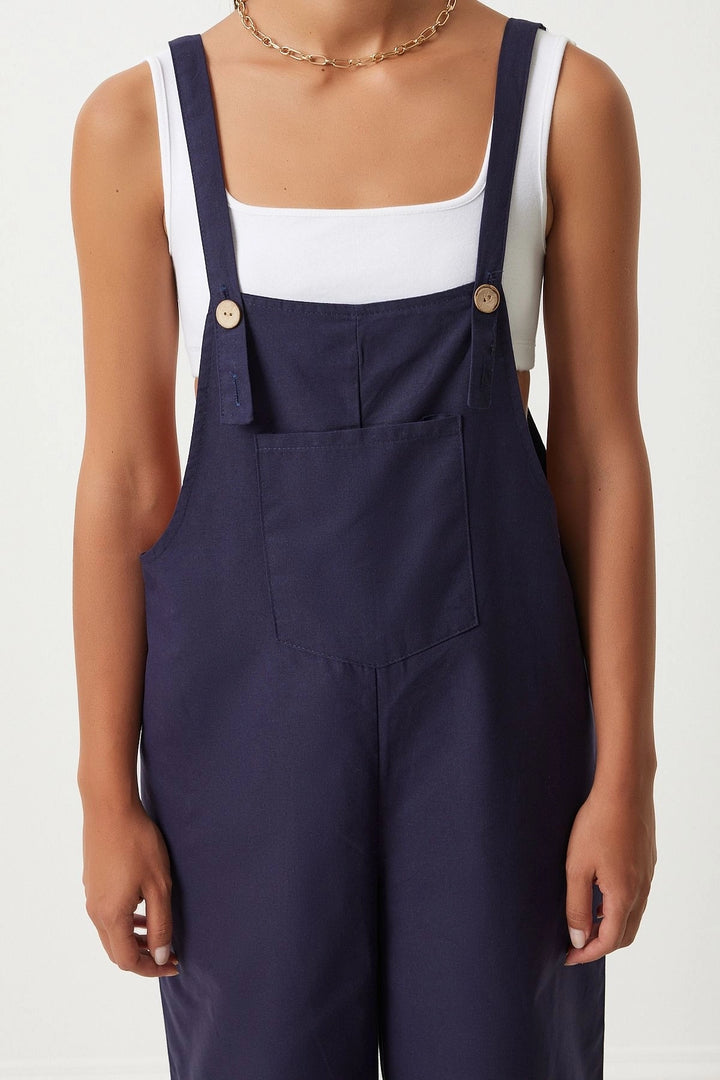Navy Blue Front Pocketed Strapped Summer Gabardine Gardener Jumpsuit - Groningen