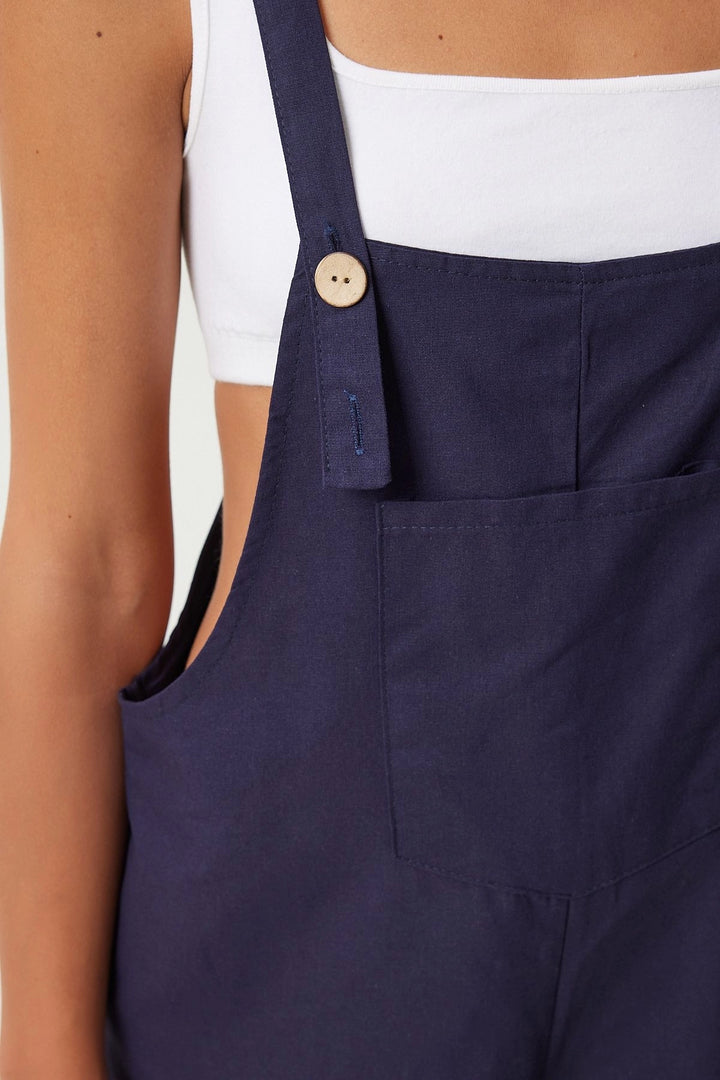 Navy Blue Front Pocketed Strapped Summer Gabardine Gardener Jumpsuit - Groningen