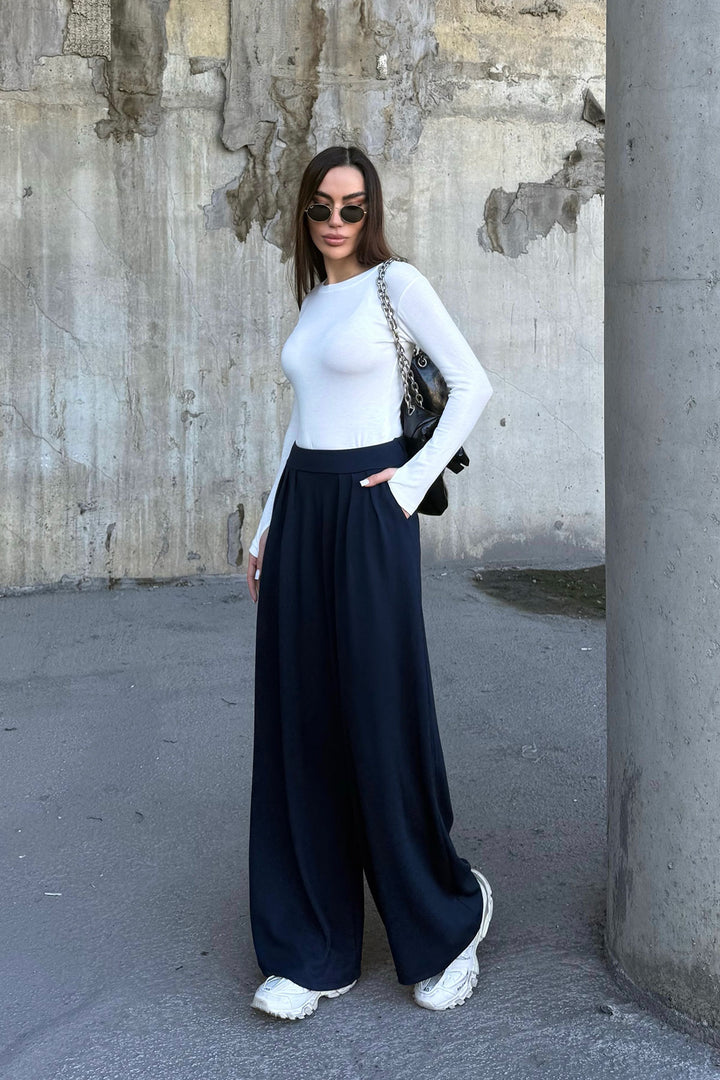 Navy Blue Pile Detailed Spanish Ultra Soft Fabric Trousers BCDF-25P0002 - Mainz