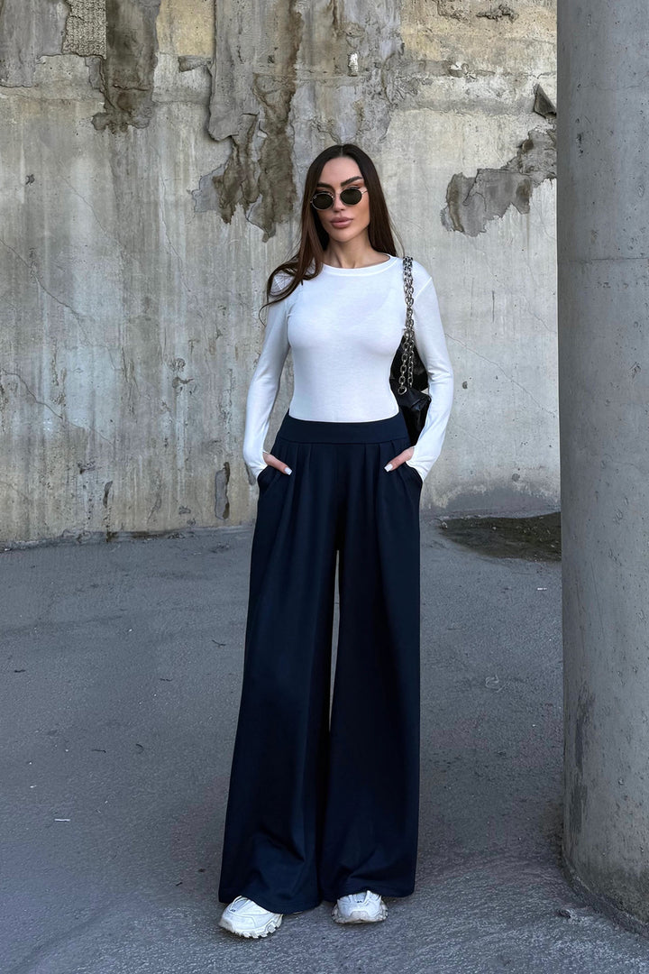 Navy Blue Pile Detailed Spanish Ultra Soft Fabric Trousers BCDF-25P0002 - Mainz