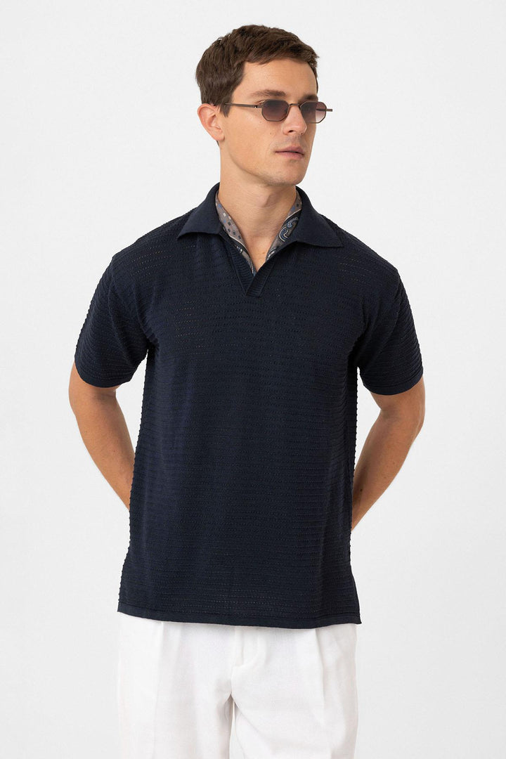 ANT Antioch Lacivert Polo Yaka Dokulu Erkek Triko T-Shirt - Troyes