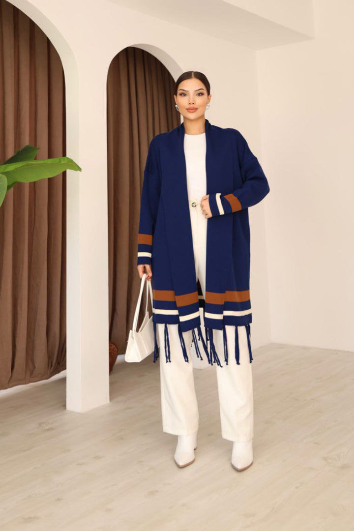 Navy Tassel Color Block Long Cardigan BCES-253002 - Zugdidi
