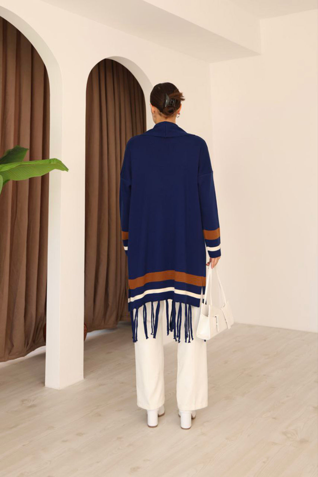 Navy Tassel Color Block Long Cardigan BCES-253002 - Zugdidi
