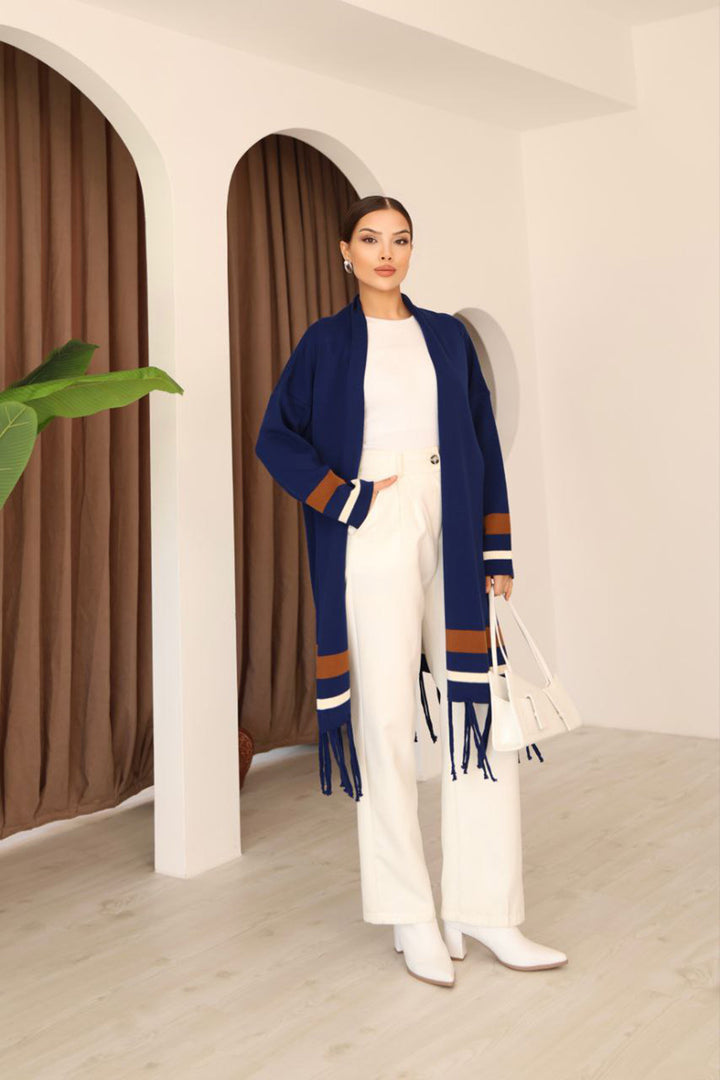 Navy Tassel Color Block Long Cardigan BCES-253002 - Zugdidi