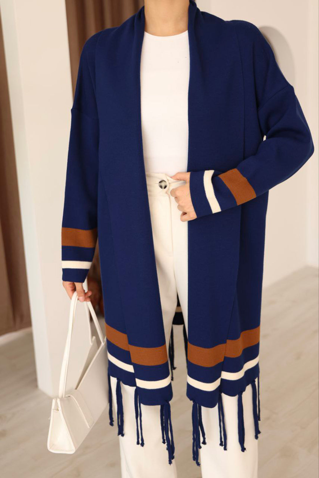 Navy Tassel Color Block Long Cardigan BCES-253002 - Zugdidi