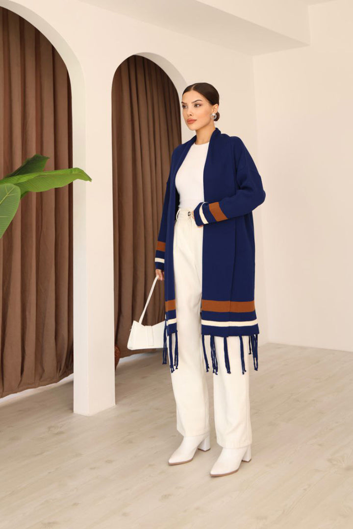 Navy Tassel Color Block Long Cardigan BCES-253002 - Zugdidi