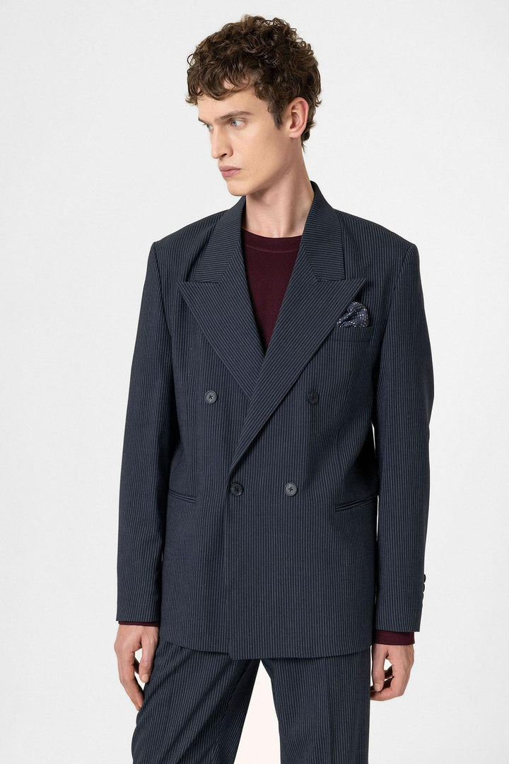 ANT Antioch Navy Comfortable Shawl Collar Striped Men's Blazer Jacket - Varese