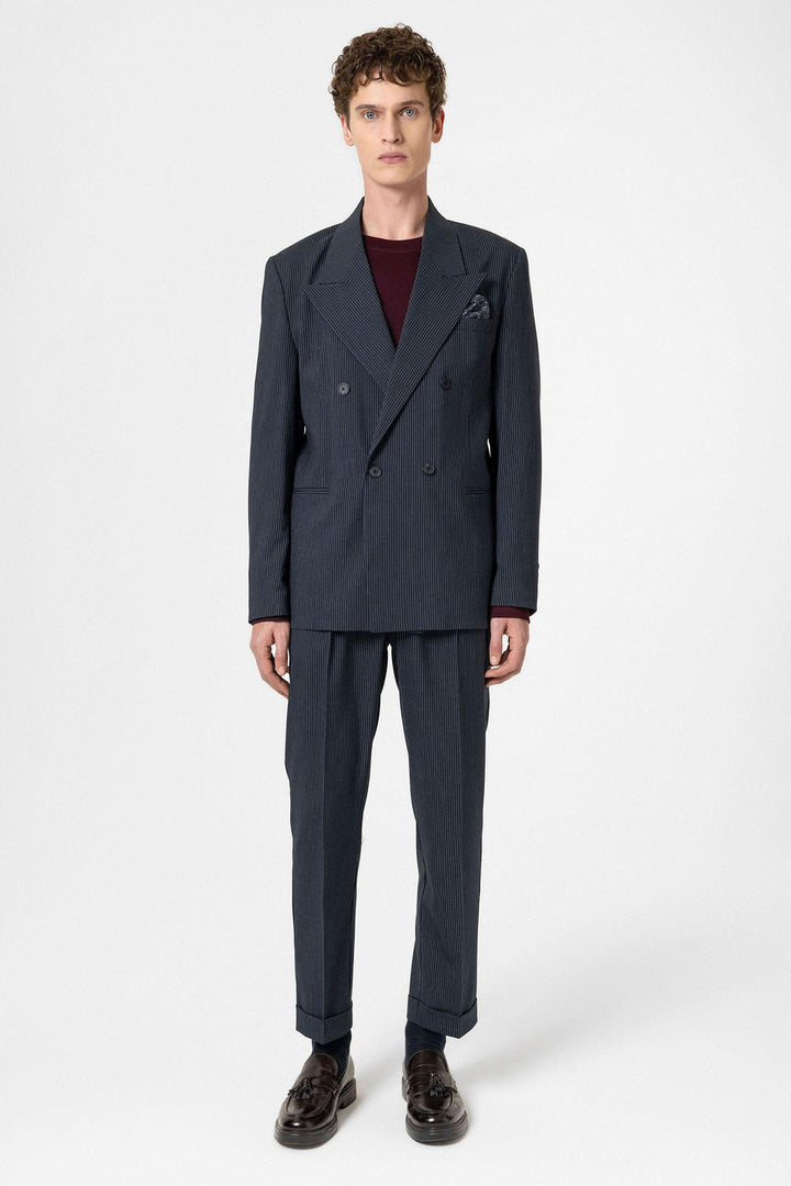 ANT Antioch Navy Comfortable Shawl Collar Striped Men's Blazer Jacket - Varese