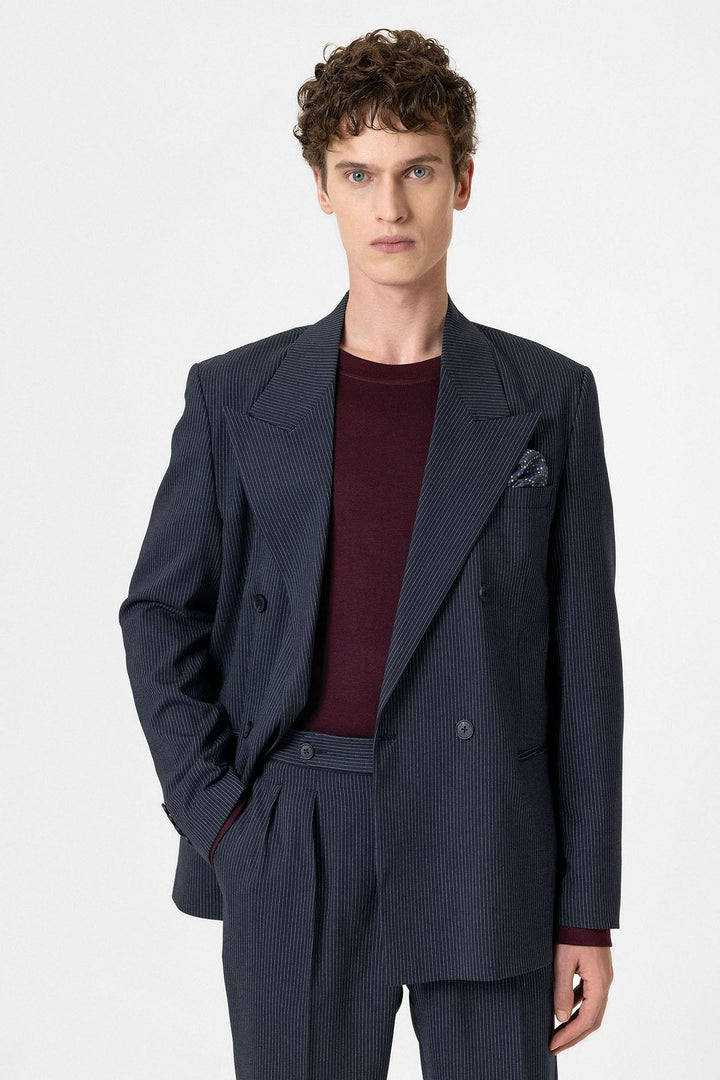 ANT Antioch Navy Comfortable Shawl Collar Striped Men's Blazer Jacket - Varese