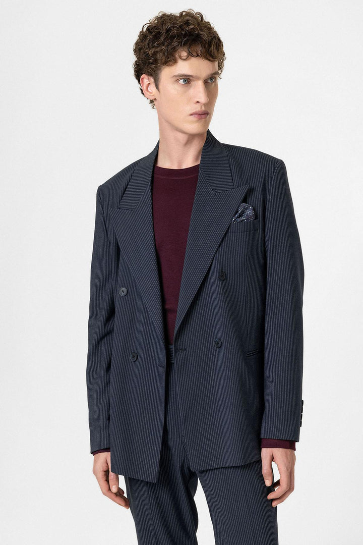 ANT Antioch Navy Comfortable Shawl Collar Striped Men's Blazer Jacket - Varese