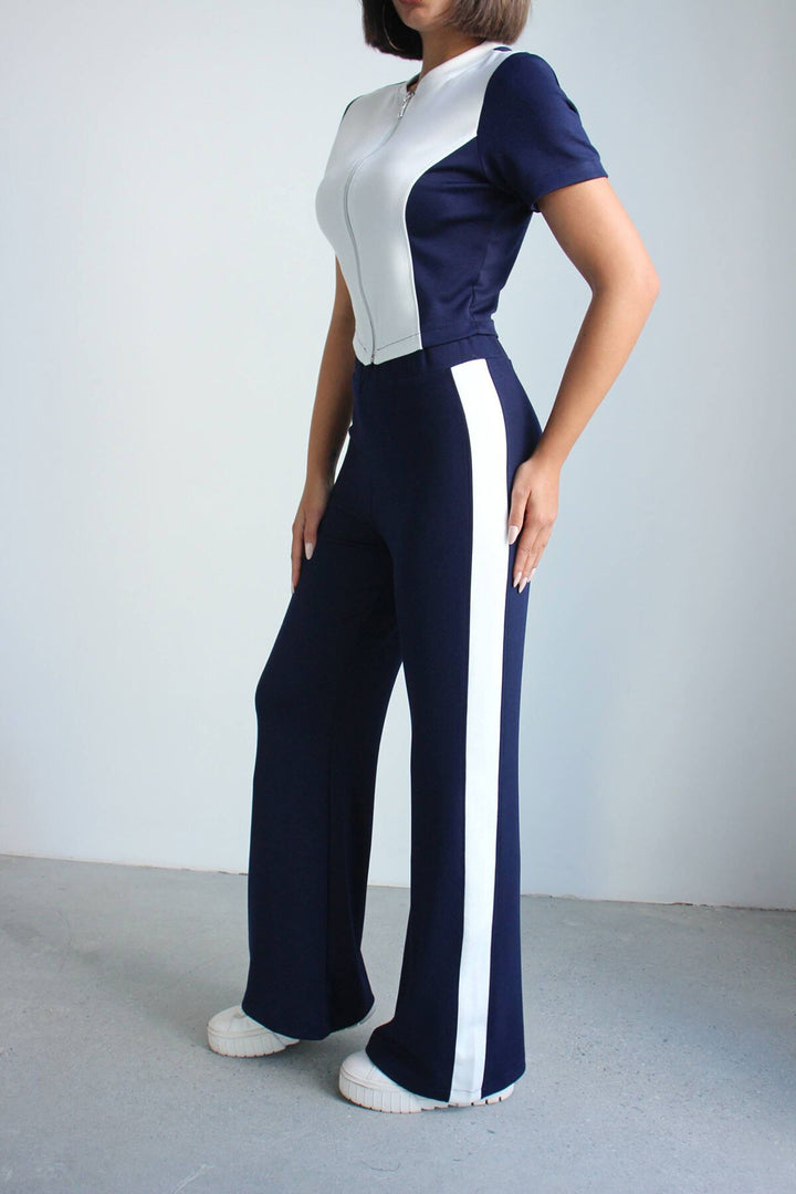 Lacivert Renk Bloklu Fermuarlı Yumuşak Dokulu Kumaş Eşofman Takımı BCHN-2626953TK - Woodbridge