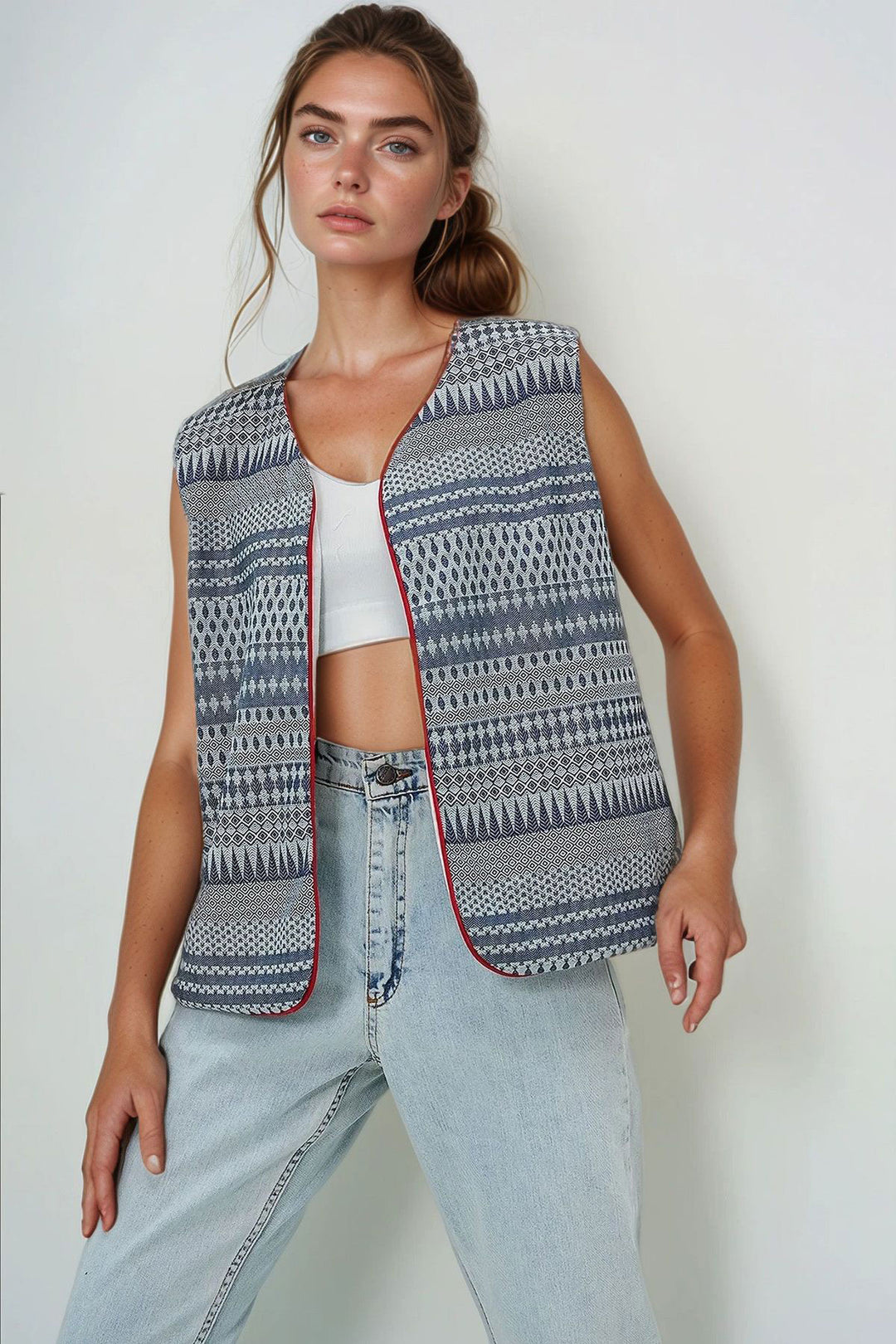 Navy Blue Woven Vest with Ethnic Pattern and Bow Detail BCHESQ-251072 - Oxnard