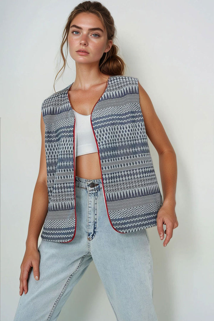Navy Blue Woven Vest with Ethnic Pattern and Bow Detail BCHESQ-251072 - Oxnard