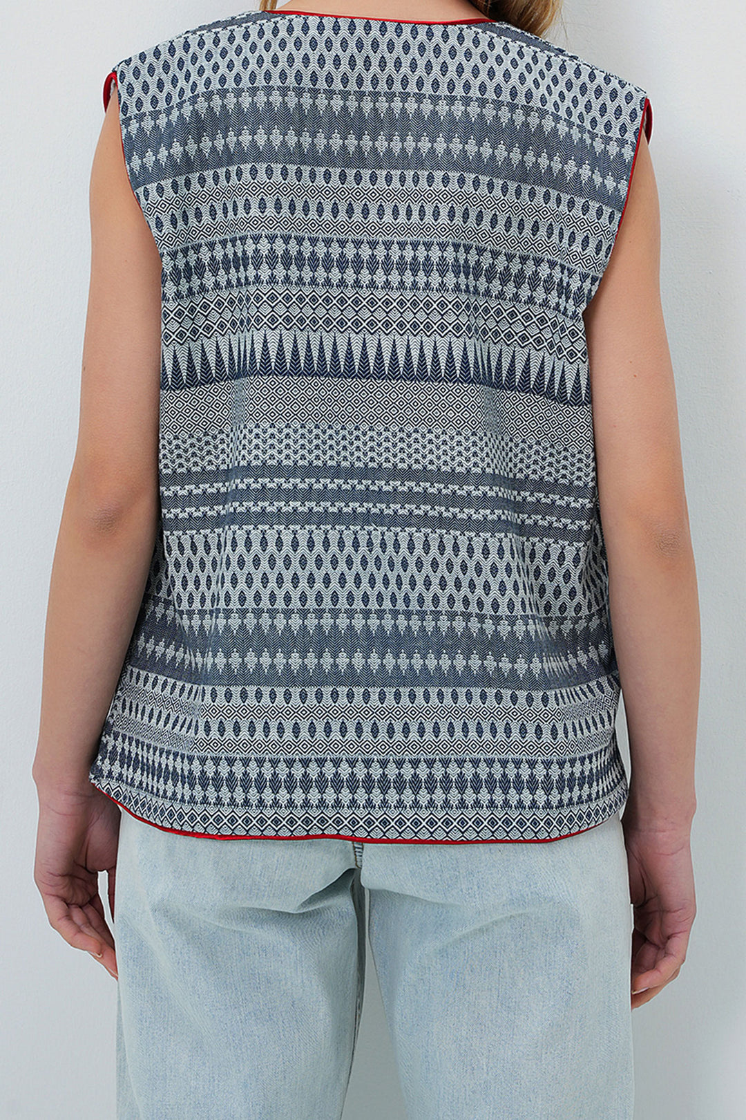 Navy Blue Woven Vest with Ethnic Pattern and Bow Detail BCHESQ-251072 - Oxnard