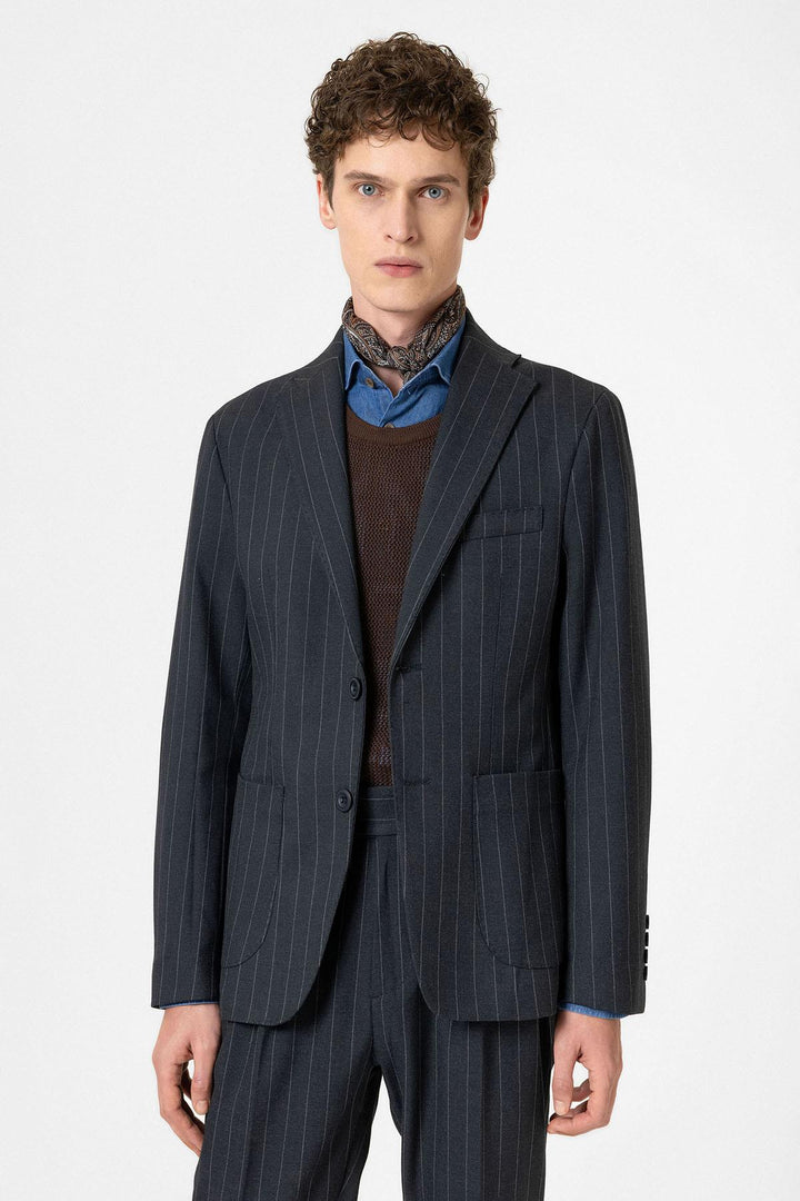 ANT Antioch Lacivert Slim Fit Çizgili Erkek Blazer Ceket - Alessandria