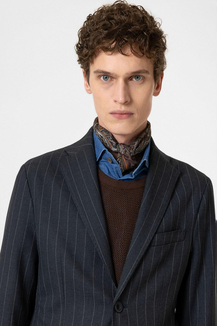 ANT Antioch Lacivert Slim Fit Çizgili Erkek Blazer Ceket - Alessandria