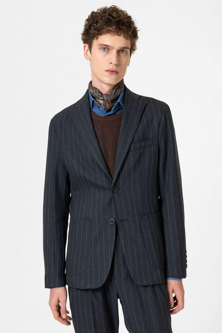 ANT Antioch Lacivert Slim Fit Çizgili Erkek Blazer Ceket - Alessandria
