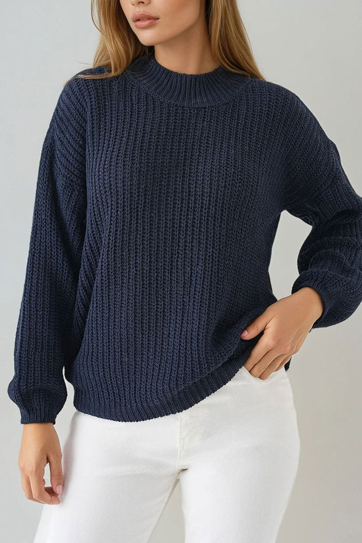 Navy Blue Half Fisherman Collar Low Shoulder Thick Knitted Sweater BCHPK-251249 - Augsburg