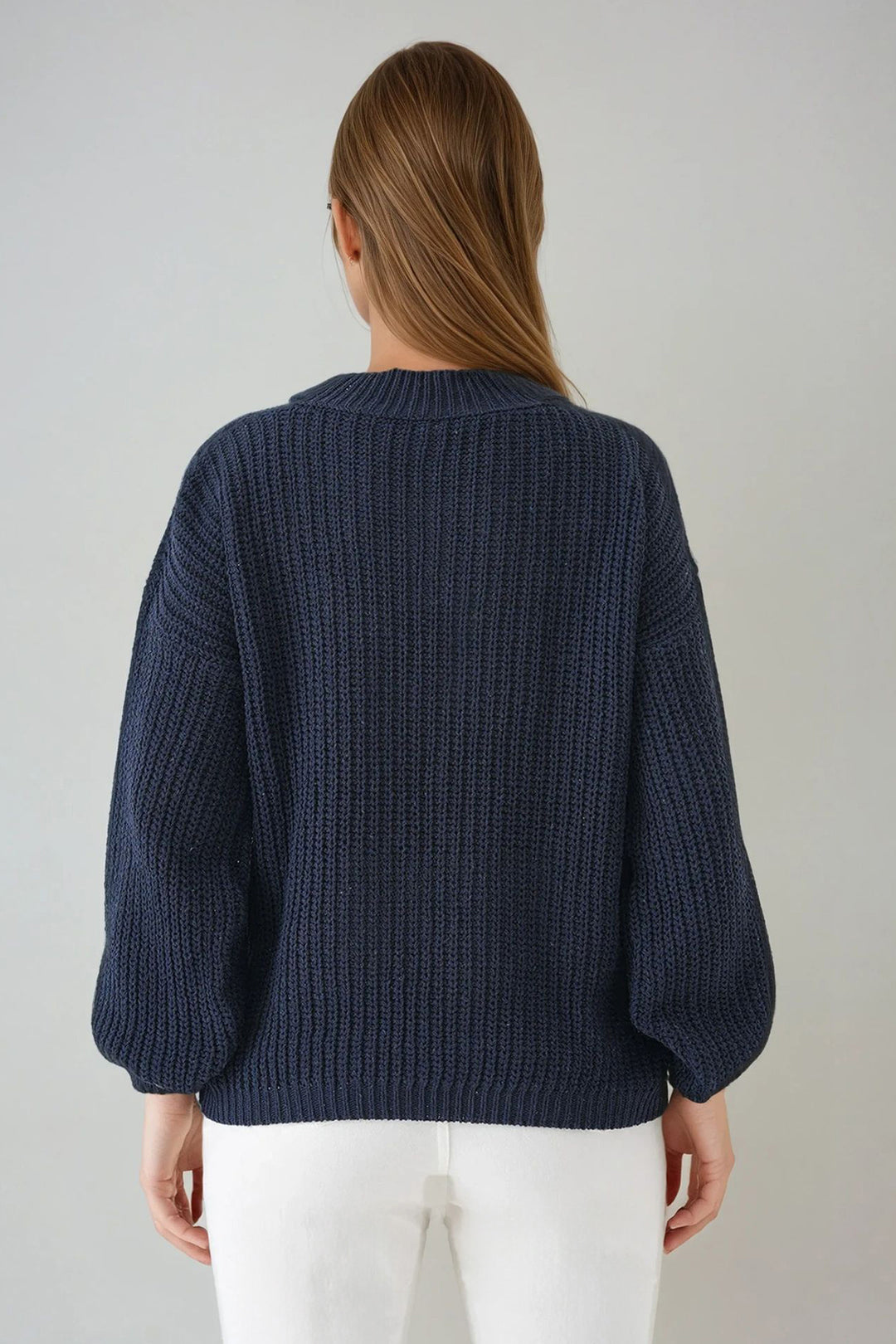 Navy Blue Half Fisherman Collar Low Shoulder Thick Knitted Sweater BCHPK-251249 - Augsburg