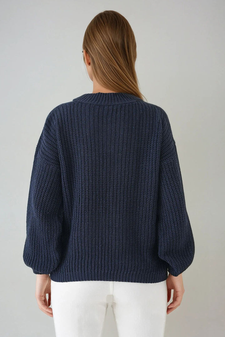 Navy Blue Half Fisherman Collar Low Shoulder Thick Knitted Sweater BCHPK-251249 - Augsburg