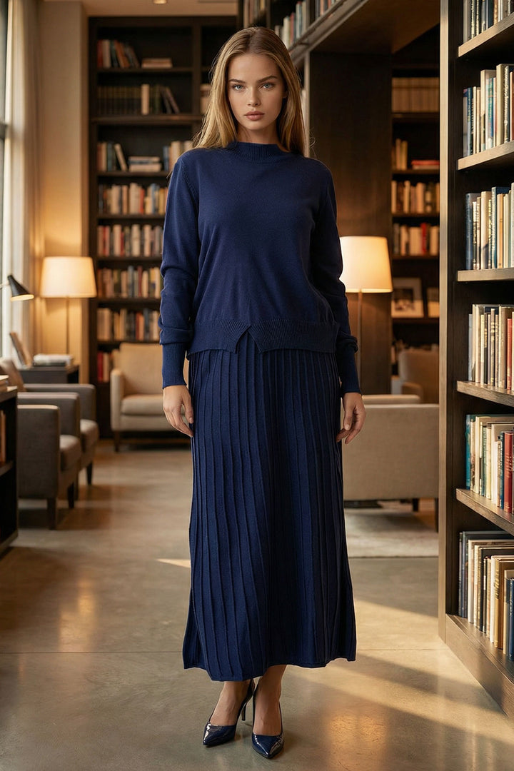 Navy Blue Half Fisherman Collar Sweater and Midi Pleated Skirt Set BCHPK-251253 - Slobozia