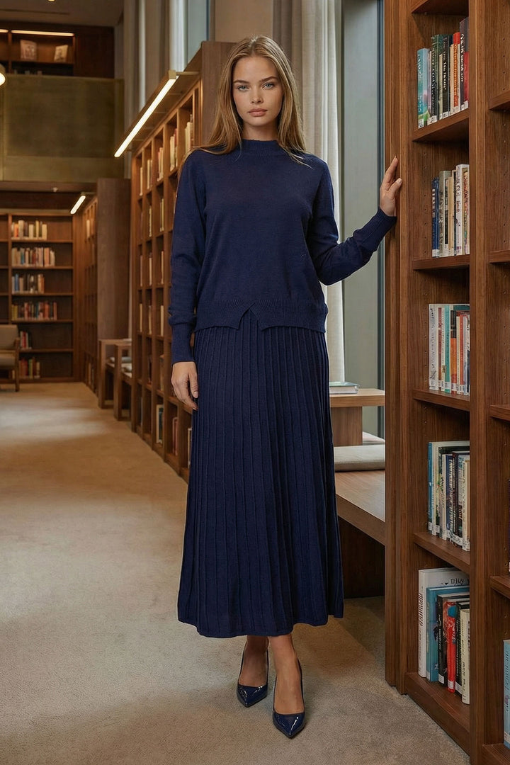 Navy Blue Half Fisherman Collar Sweater and Midi Pleated Skirt Set BCHPK-251253 - Slobozia